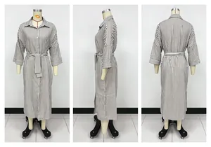 Detailed three-view shots of a striped lapel shirt dress with a belt and half sleeves