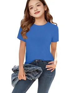 Blauw T-shirt met korte mouwen voor meisjes van geribbelde stof met een klassieke ronde halslijn