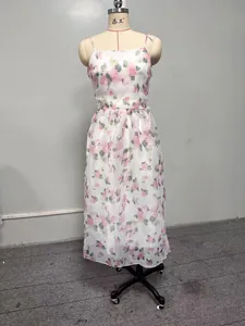 Elegant white chiffon midi dress with pink rose floral print for 2025 spring summer