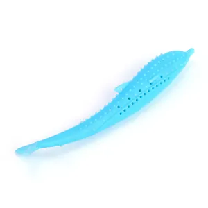 Giocattolo molare per gatti in silicone blu a forma di delfino con fori per erba gatta