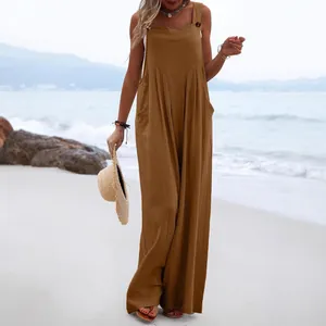 Mono marrón elegante sin mangas de pierna ancha con botones para mujer, estilo playero