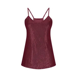 Front view of elegant burgundy V-neck sleeveless sequin tank top camisole for women