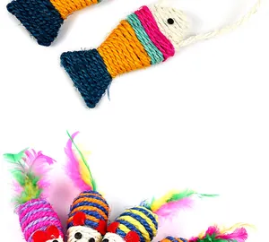Macro detail of colorful sisal-wrapped cat toys in fish and mouse shapes with feathers