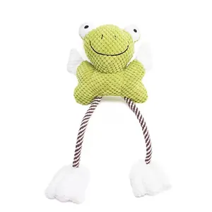 Durable green plush squeaky frog dog toy with braided rope legs for interactive play