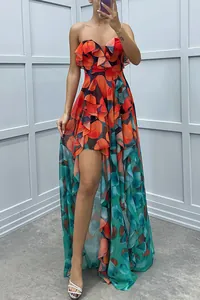 Detailed front view of a strapless high-low mesh dress with vibrant orange floral print