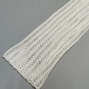 Close-up of white hollow-out knit fabric detail with intricate eyelet pattern texture.