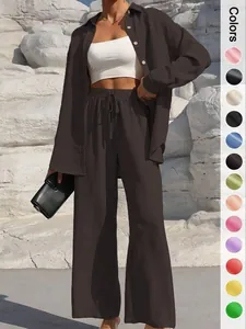 Elegantes schokoladenbraunes zweiteiliges Set aus Hemd und Hose mit weitem Bein für Damen
