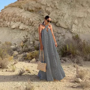 Grey halter neck tiered maxi dress with 3D flower texture for summer beach vacation