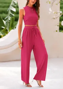 Summer two-piece ribbed knit set featuring a sleeveless crop top and comfy wide-leg pants