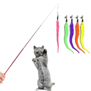 Telescopic 3-section cat wand with carbon fiber rod and five fuzzy caterpillar toys