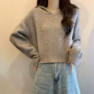 Sweat à capuche court en maille gris doux pour femme avec coupe ample décontractée