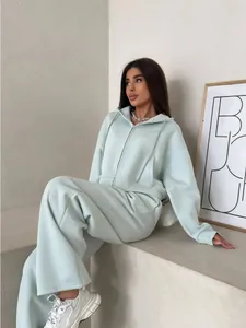 Detailed view of a mint green two-piece tracksuit featuring a zip-up hoodie and wide-leg pants