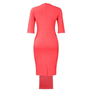 Elegant coral red office bodycon dress with half sleeves and back slit detail