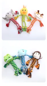 Detail view of various colorful animal shaped plush cotton rope dog chew toys.