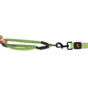 Neon green reflective dog leash with a durable black metal hook for safe night walking