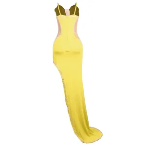 Back view detail of yellow sexy sheer evening dress featuring hot-fix rhinestone accents