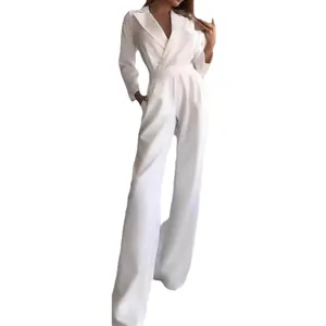 Elegante tuta intera bianca a maniche lunghe con gamba larga e scollo a V da donna