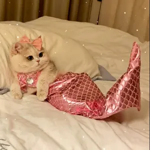 Divertido Disfraz de Sirena para Gato Ropa para Mascotas Lindo Vestido de Cola de Pez para Gatos Pequeños Gatito Sesión de Fotos Fiesta