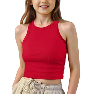 Detailed view of a red ribbed sleeveless cropped tank top shown on a young child model