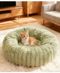 Soft green ribbed plush pet bed with small ginger kitten in cozy living room setting