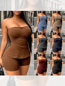 Women's 2-piece ribbed knit tube top and shorts set available in various colors