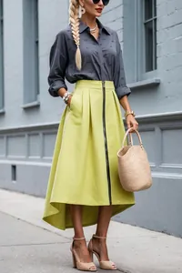 Fashionable high-low chartreuse skirt with front zipper and side pockets on street