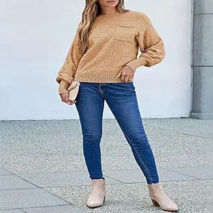 Casual women's crew neck khaki knit sweater with textured check pattern and chest pocket