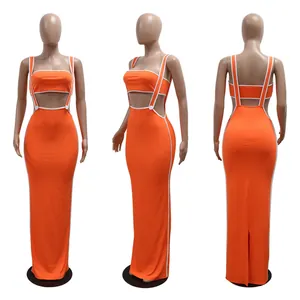 Front, side, and back views of an orange sexy two-piece strap long dress.