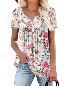 Blusa floral de manga corta para mujer con cuello en V y botones decorativos chic