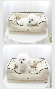 Cozy cream corduroy dog bed with Bichon Frise showing soft and comfortable texture
