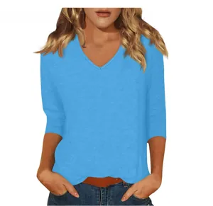 Casual women's sky blue V-neck T-shirt top featuring 3/4 sleeves and a comfortable fit