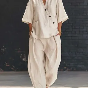 Women's casual two-piece beige linen set with short sleeve shirt and loose trousers