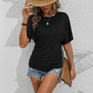 Women's black casual short sleeve slim fit T-shirt featuring stylish side ruched detail