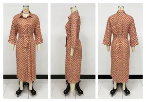 Detail showing front, side, and back views of an orange geometric print midi dress