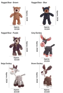 Détails de divers jouets en peluche pour chiens avec dimensions de taille et de poids.