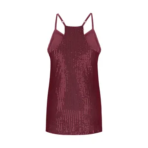 Detail of a burgundy women's sequined sleeveless camisole top with racerback straps.