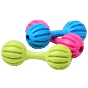 Detail showing textured grooves on colorful TPR rubber dog barbell toys for dental care