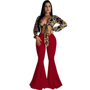 Sexy two-piece set with baroque print tie-front crop top and red bell bottom flare pants