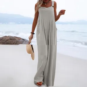 Mono casual gris sin mangas con pernera ancha para mujer, ideal para vacaciones de playa.