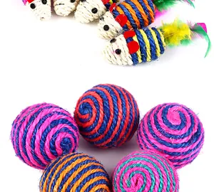 Durable sisal rope cat toy set including colorful balls and mice with feathers
