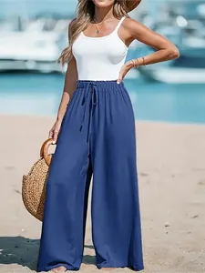Comfortable women's high-waisted blue wide-leg pants for casual summer beach lifestyle