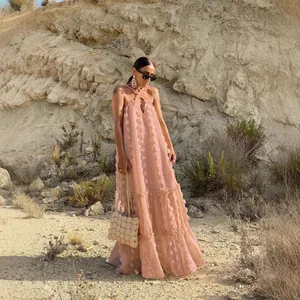 Elegant pink halter maxi dress with 3D floral appliques and tiered cake design