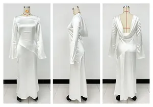 Elegant white backless satin maxi dress featuring flared sleeves and a high slit detail