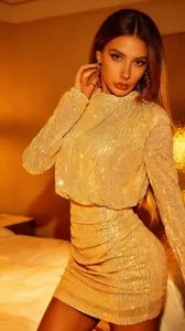 Detail of gold sequins on an elegant long sleeve bodycon dress with a stand collar design.