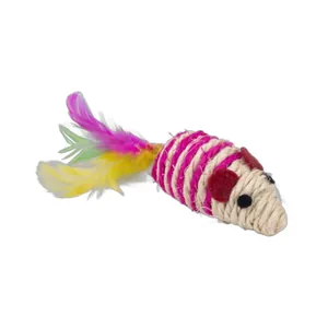 Juguete para gatos ratón de cuerda de sisal con cola de plumas de colores para jugar en casa