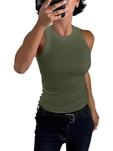 Débardeur côtelé vert armée ajusté à col rond pour femme, style d'été décontracté