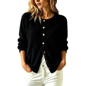Elegant black long sleeve knitted cardigan with decorative gold buttons for autumn women's fashion