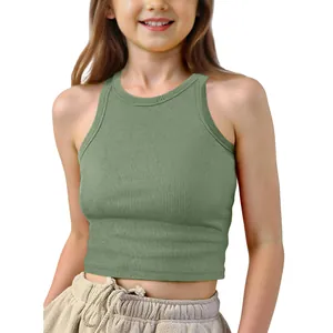 Close-up of the ribbed texture on this sleeveless green cropped tank top for children.