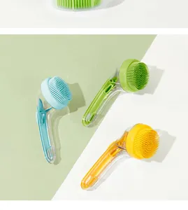 Multi-color pet massage bath brushes with long handles on a modern background