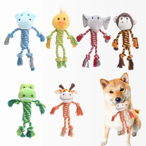 Pet Squeaky Dog Toys Cute Animal Shape Plush Cotton Rope Durable Teeth Cleaning Teething Interactive Chew Toys For Dogs Puppies
